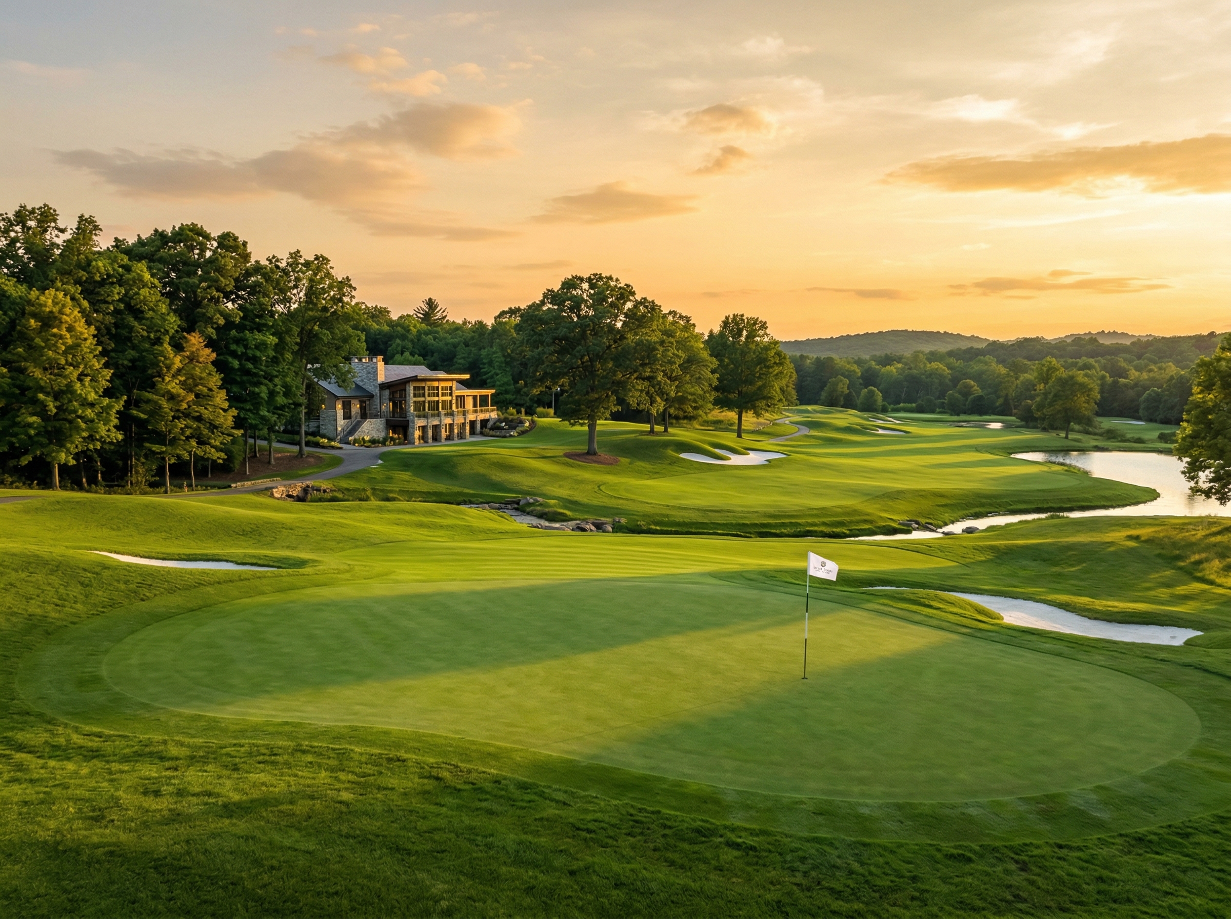 A pristine private golf course at golden hour, manicured fairway leading to the green