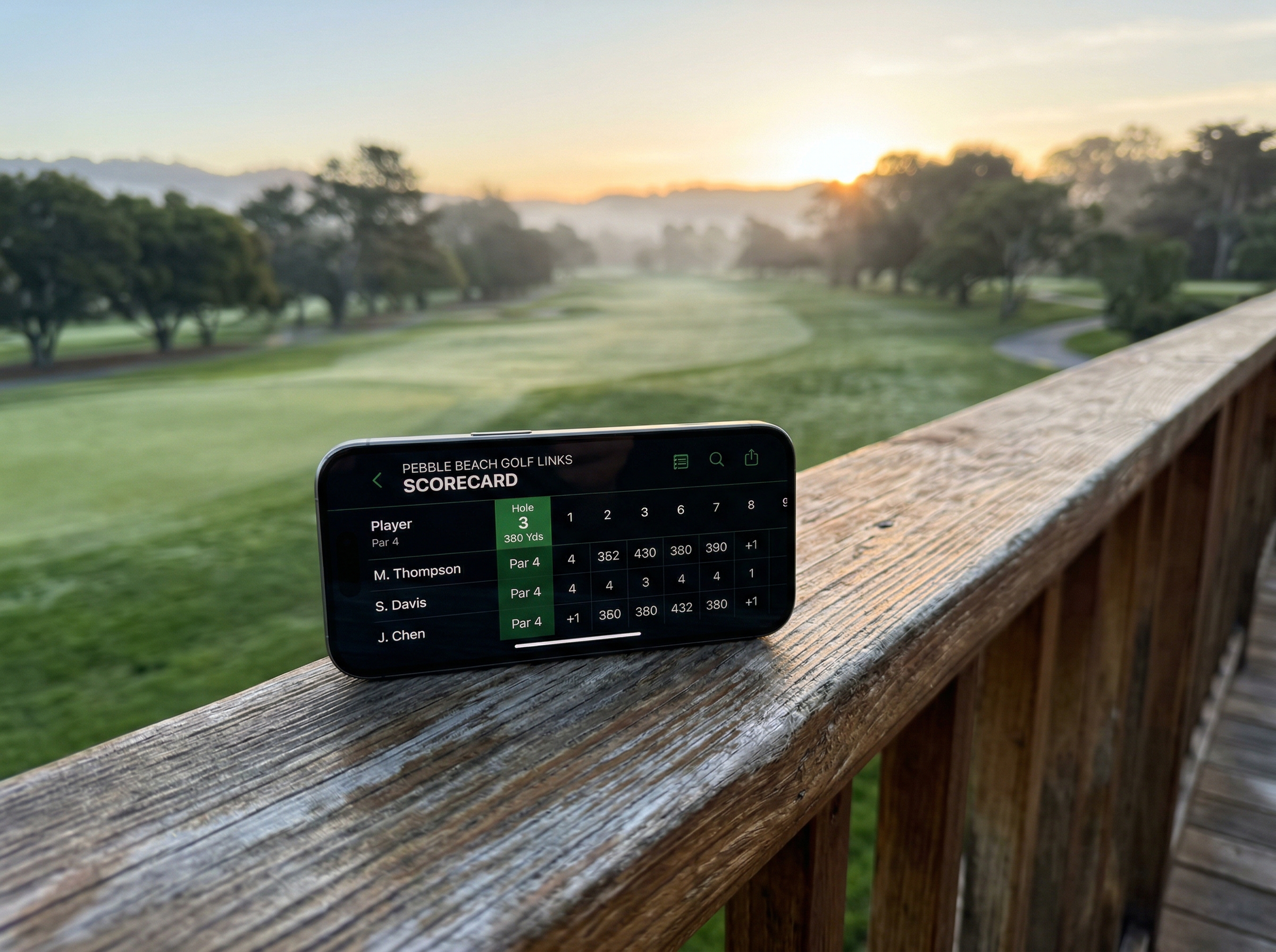 iPhone with a refined golf scorecard app at sunrise