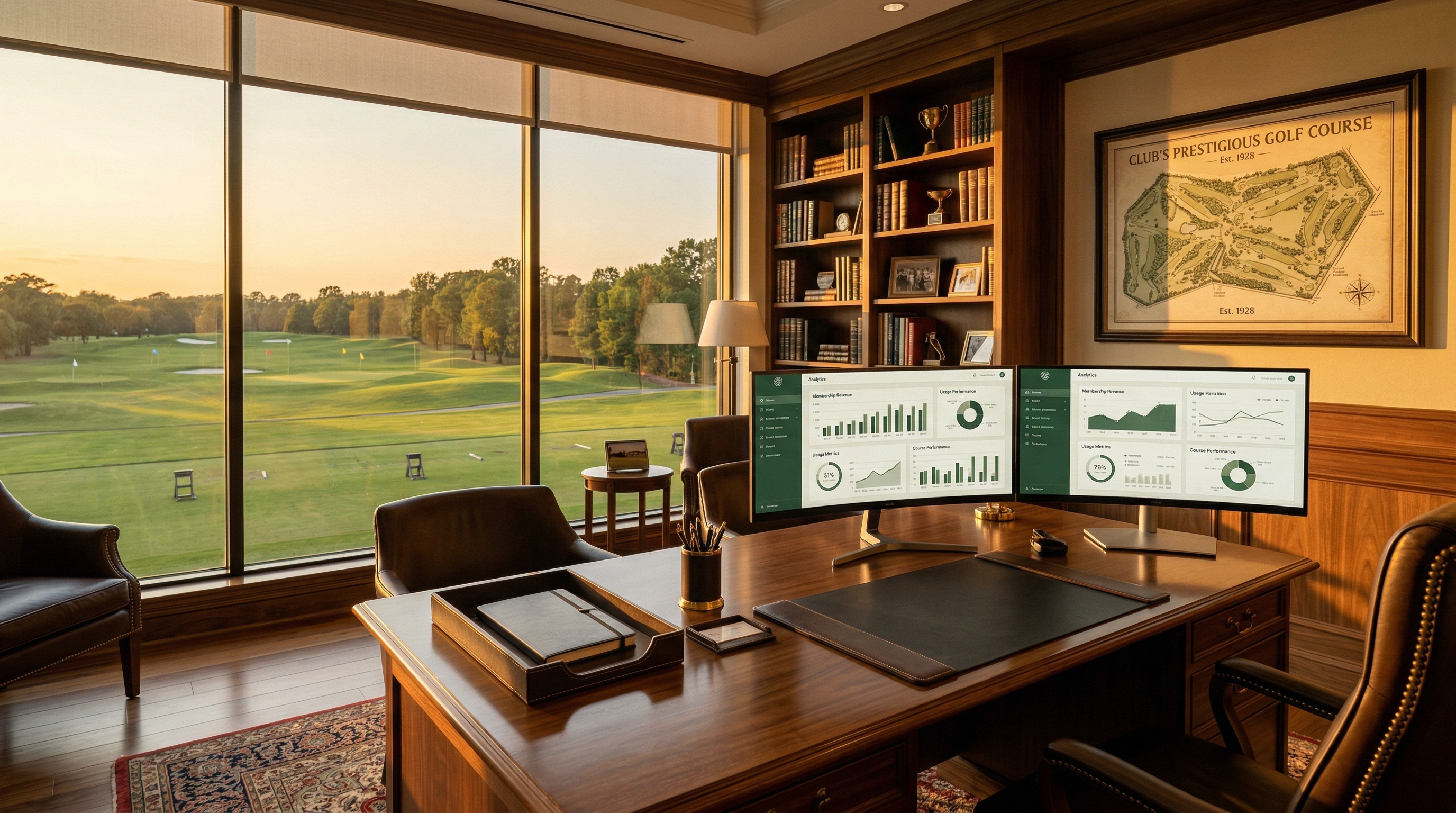 A club general manager's office with analytics dashboards